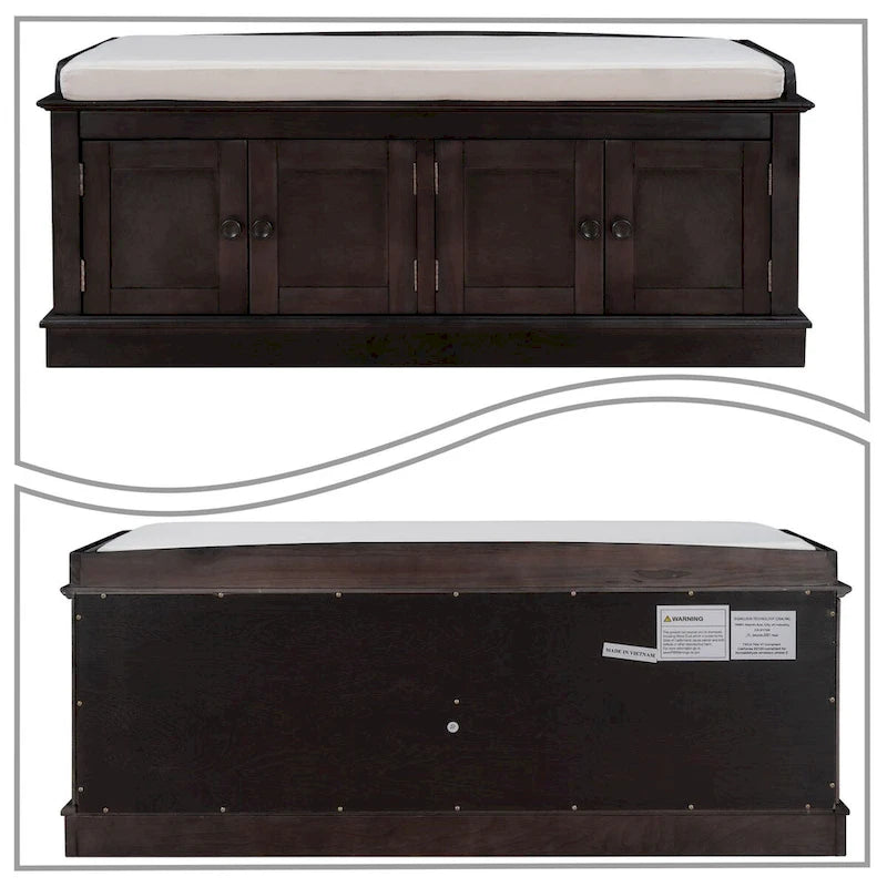 Banc de rangement en bois vintage avec 2 armoires – Gris délavé / Expresso / Bleu marine antique / Blanc, 1 place