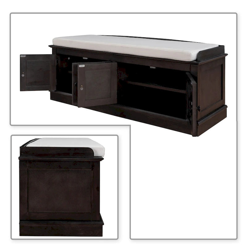 Banc de rangement en bois vintage avec 2 armoires – Gris délavé / Expresso / Bleu marine antique / Blanc, 1 place