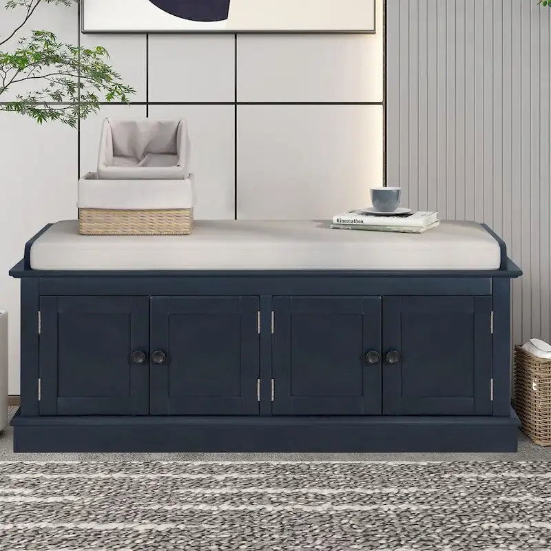 Banc de rangement en bois vintage avec 2 armoires – Gris délavé / Expresso / Bleu marine antique / Blanc, 1 place