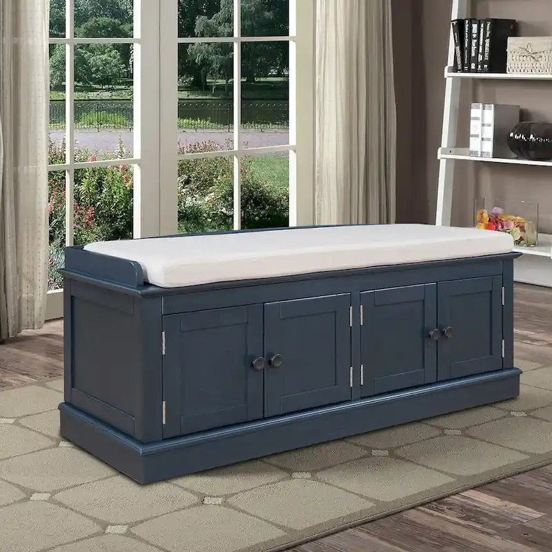 Banc de rangement en bois vintage avec 2 armoires – Gris délavé / Expresso / Bleu marine antique / Blanc, 1 place