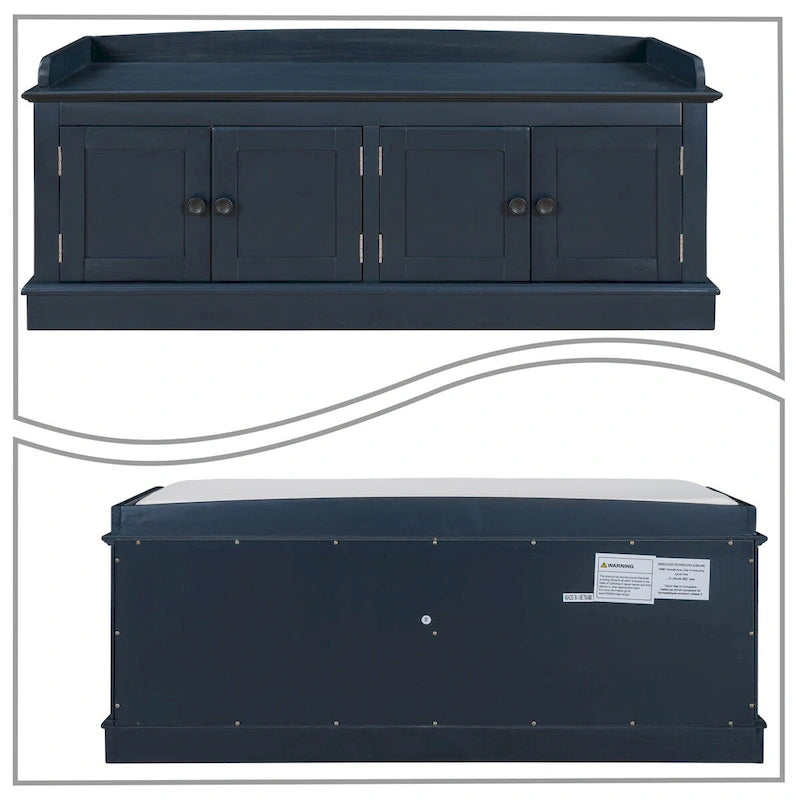 Banc de rangement en bois vintage avec 2 armoires – Gris délavé / Expresso / Bleu marine antique / Blanc, 1 place