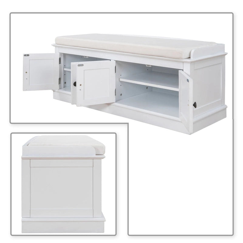 Banc de rangement en bois vintage avec 2 armoires – Gris délavé / Expresso / Bleu marine antique / Blanc, 1 place
