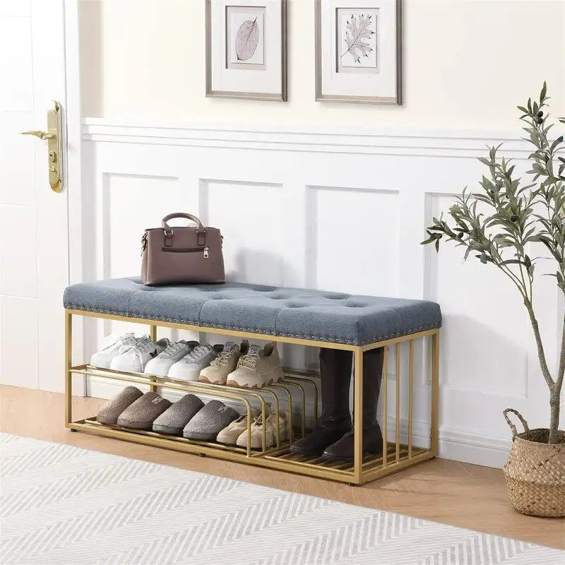 Banc de rangement capitonné bleu / gris / beige – 2 places, 120 cm (L) x 43 cm (P) x 48 cm (H)