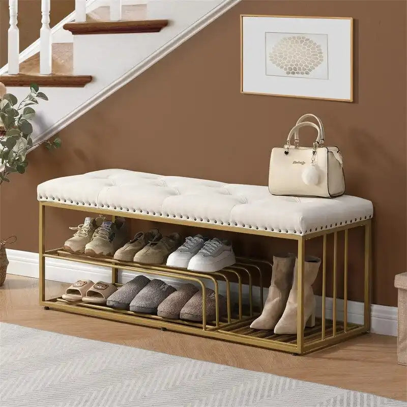 Banc de rangement capitonné bleu / gris / beige – 2 places, 120 cm (L) x 43 cm (P) x 48 cm (H)