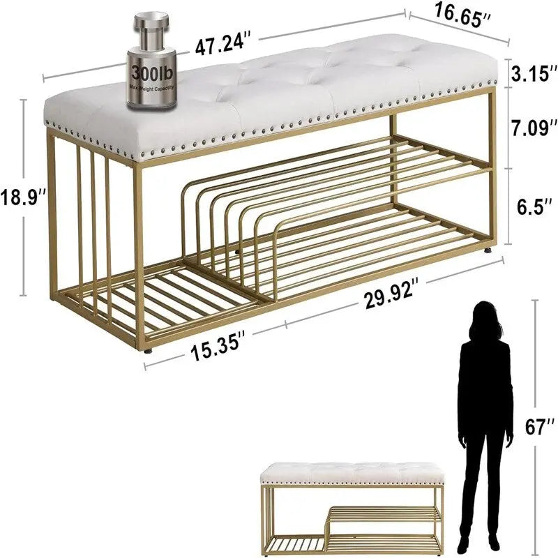 Banc de rangement capitonné bleu / gris / beige – 2 places, 120 cm (L) x 43 cm (P) x 48 cm (H)