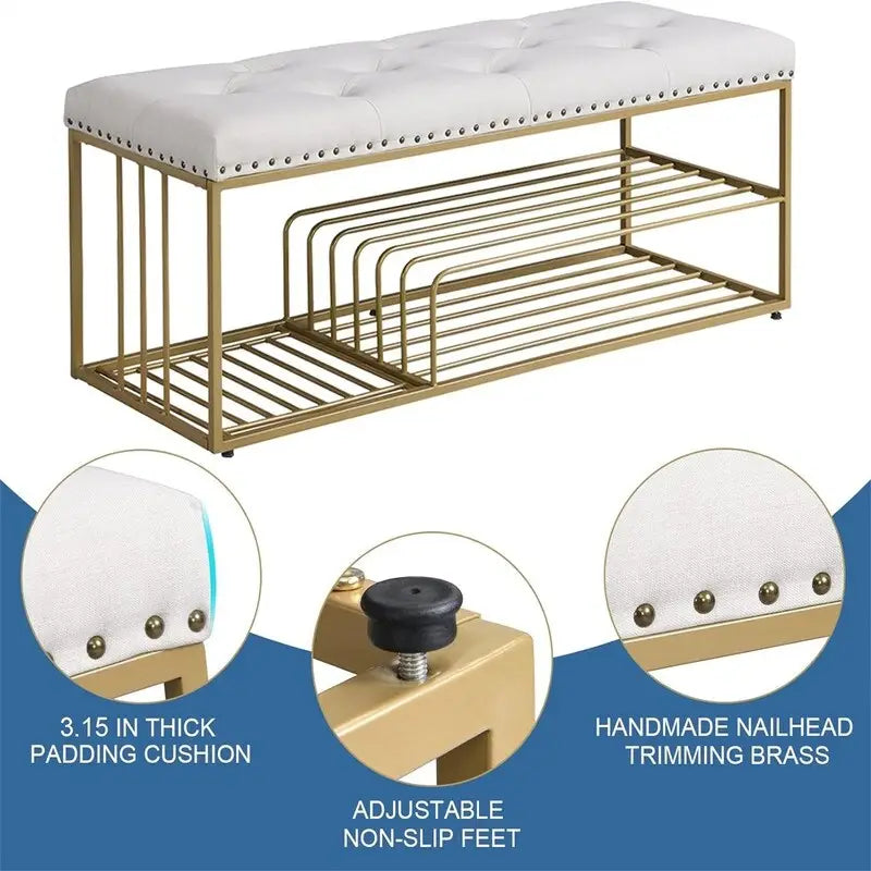 Banc de rangement capitonné bleu / gris / beige – 2 places, 120 cm (L) x 43 cm (P) x 48 cm (H)