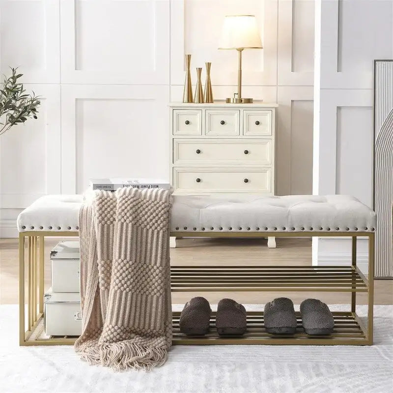 Banc de rangement capitonné bleu / gris / beige – 2 places, 120 cm (L) x 43 cm (P) x 48 cm (H)
