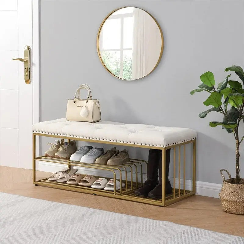 Banc de rangement capitonné bleu / gris / beige – 2 places, 120 cm (L) x 43 cm (P) x 48 cm (H)