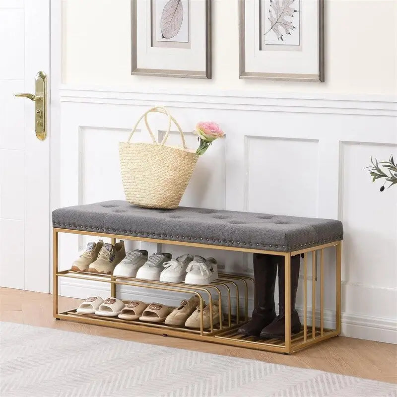 Banc de rangement capitonné bleu / gris / beige – 2 places, 120 cm (L) x 43 cm (P) x 48 cm (H)