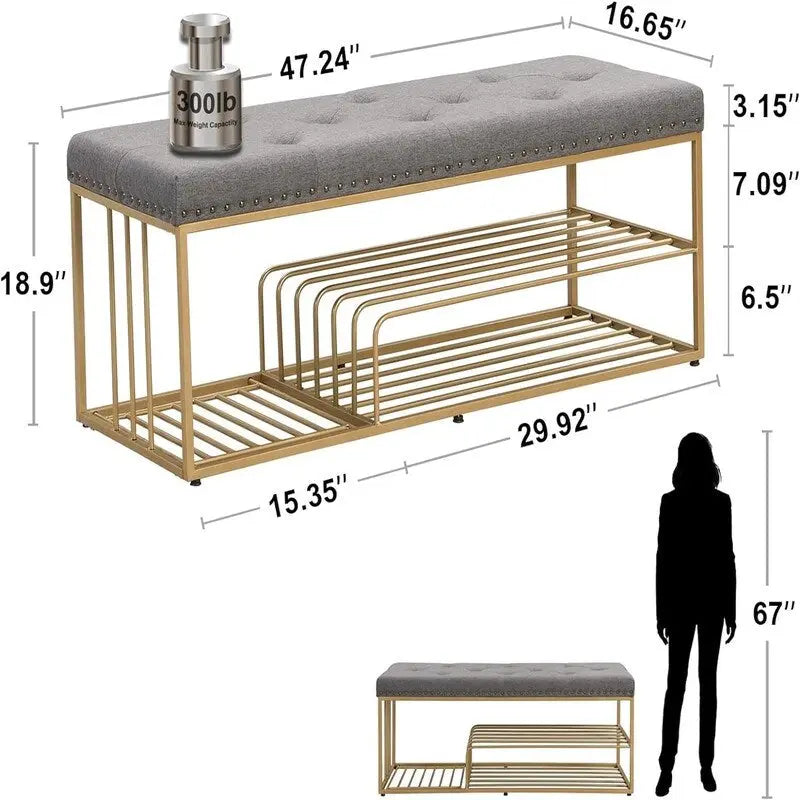 Banc de rangement capitonné bleu / gris / beige – 2 places, 120 cm (L) x 43 cm (P) x 48 cm (H)