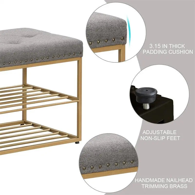 Banc de rangement capitonné bleu / gris / beige – 2 places, 120 cm (L) x 43 cm (P) x 48 cm (H)