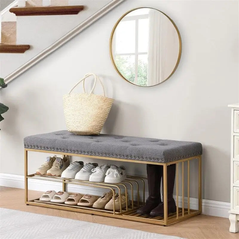 Banc de rangement capitonné bleu / gris / beige – 2 places, 120 cm (L) x 43 cm (P) x 48 cm (H)