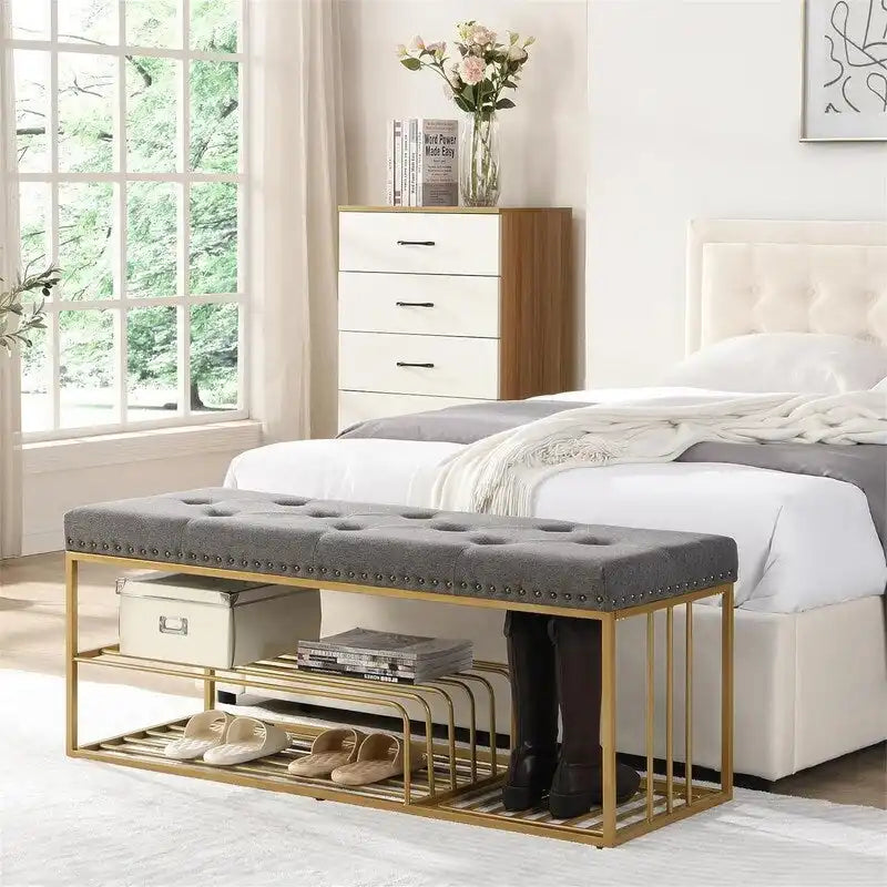 Banc de rangement capitonné bleu / gris / beige – 2 places, 120 cm (L) x 43 cm (P) x 48 cm (H)