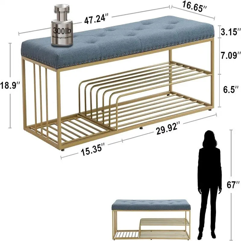 Banc de rangement capitonné bleu / gris / beige – 2 places, 120 cm (L) x 43 cm (P) x 48 cm (H)