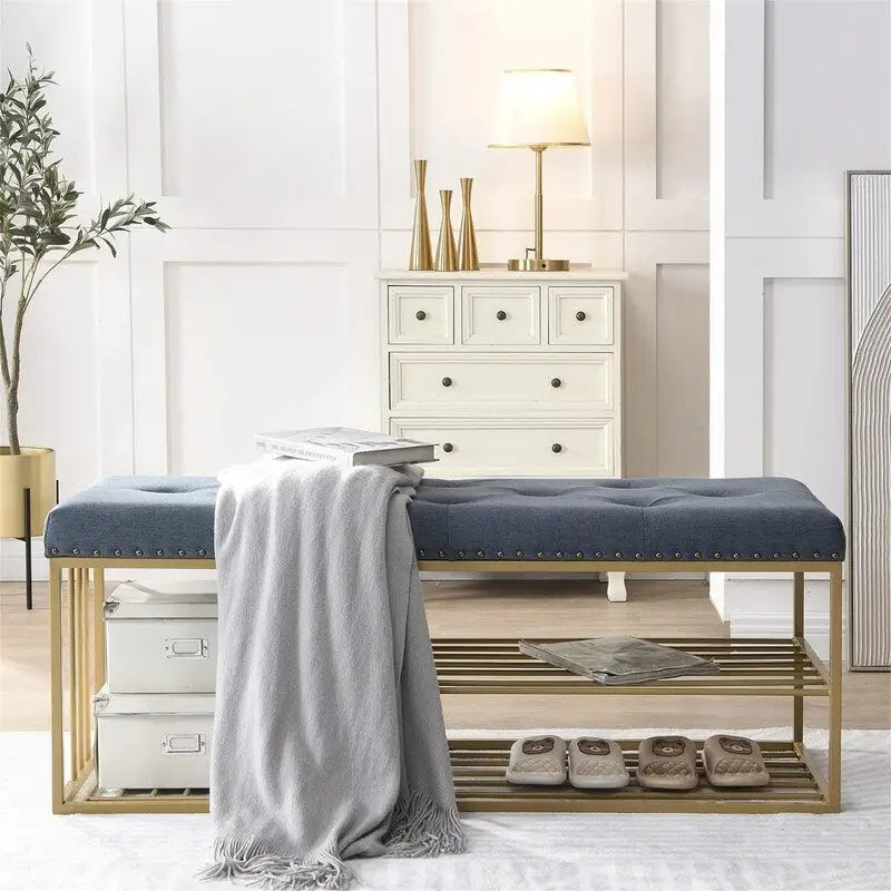 Banc de rangement capitonné bleu / gris / beige – 2 places, 120 cm (L) x 43 cm (P) x 48 cm (H)