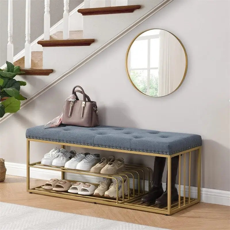 Banc de rangement capitonné bleu / gris / beige – 2 places, 120 cm (L) x 43 cm (P) x 48 cm (H)