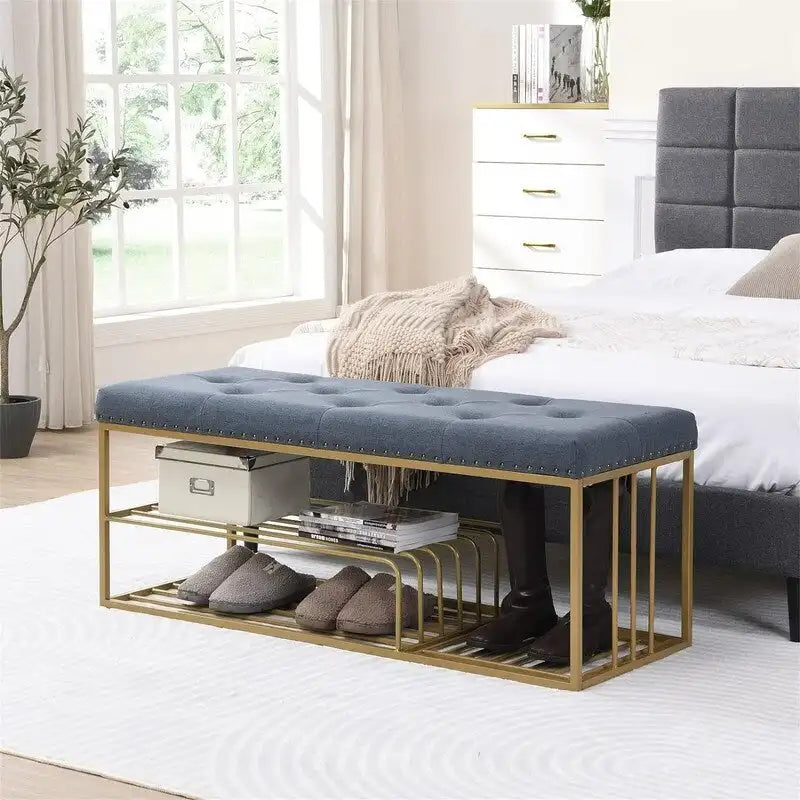Banc de rangement capitonné bleu / gris / beige – 2 places, 120 cm (L) x 43 cm (P) x 48 cm (H)
