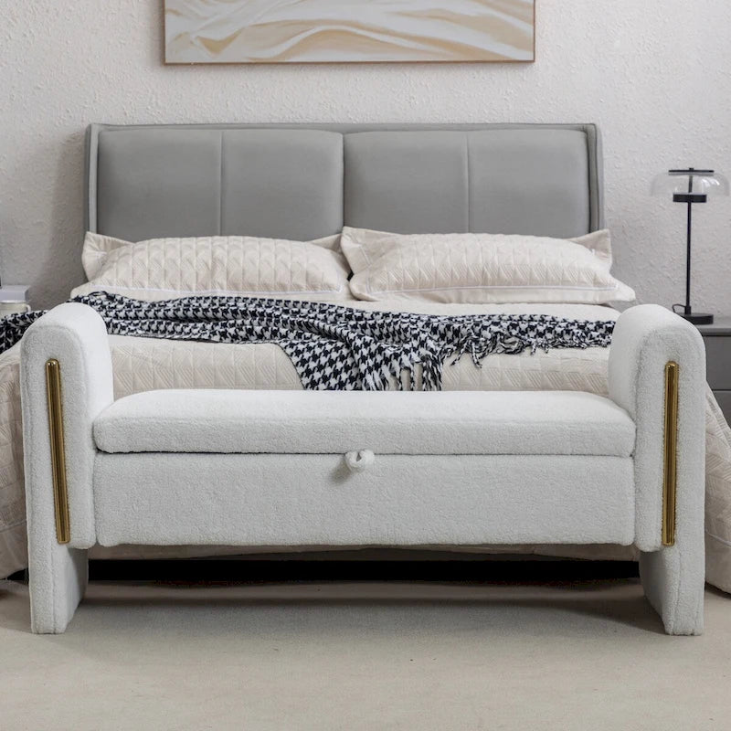 Banc de rangement en tissu Teddy ivoire/café avec garniture en métal doré, 1 personne, 134,6 cm L x 45 cm l x 62,5 cm H