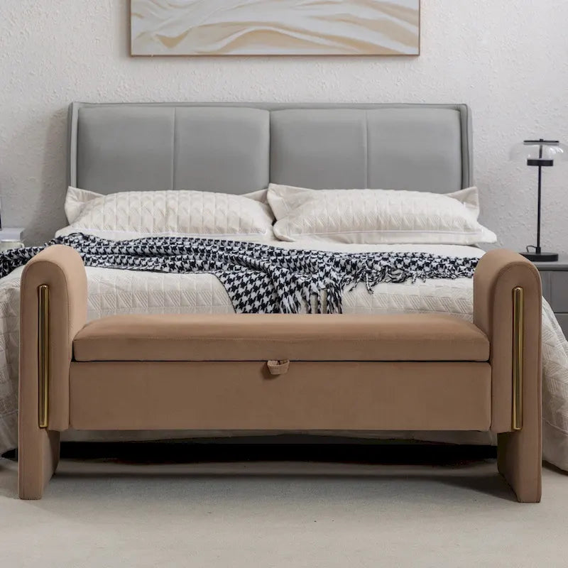 Banc de rangement en tissu Teddy ivoire/café avec garniture en métal doré, 1 personne, 134,6 cm L x 45 cm l x 62,5 cm H