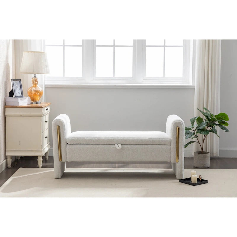 Banc de rangement en tissu Teddy ivoire/café avec garniture en métal doré, 1 personne, 134,6 cm L x 45 cm l x 62,5 cm H