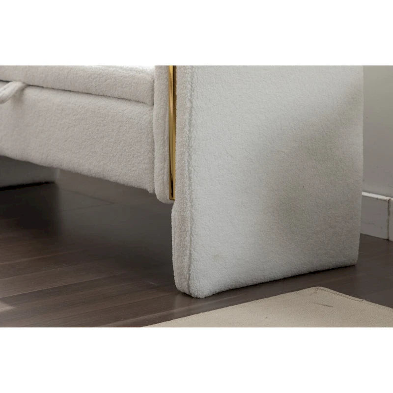 Banc de rangement en tissu Teddy ivoire/café avec garniture en métal doré, 1 personne, 134,6 cm L x 45 cm l x 62,5 cm H