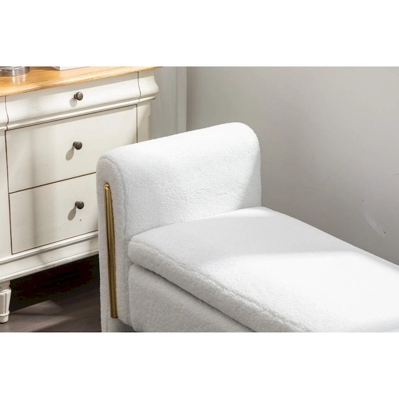 Banc de rangement en tissu Teddy ivoire/café avec garniture en métal doré, 1 personne, 134,6 cm L x 45 cm l x 62,5 cm H