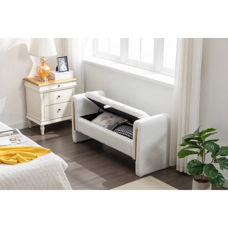 Banc de rangement en tissu Teddy ivoire/café avec garniture en métal doré, 1 personne, 134,6 cm L x 45 cm l x 62,5 cm H