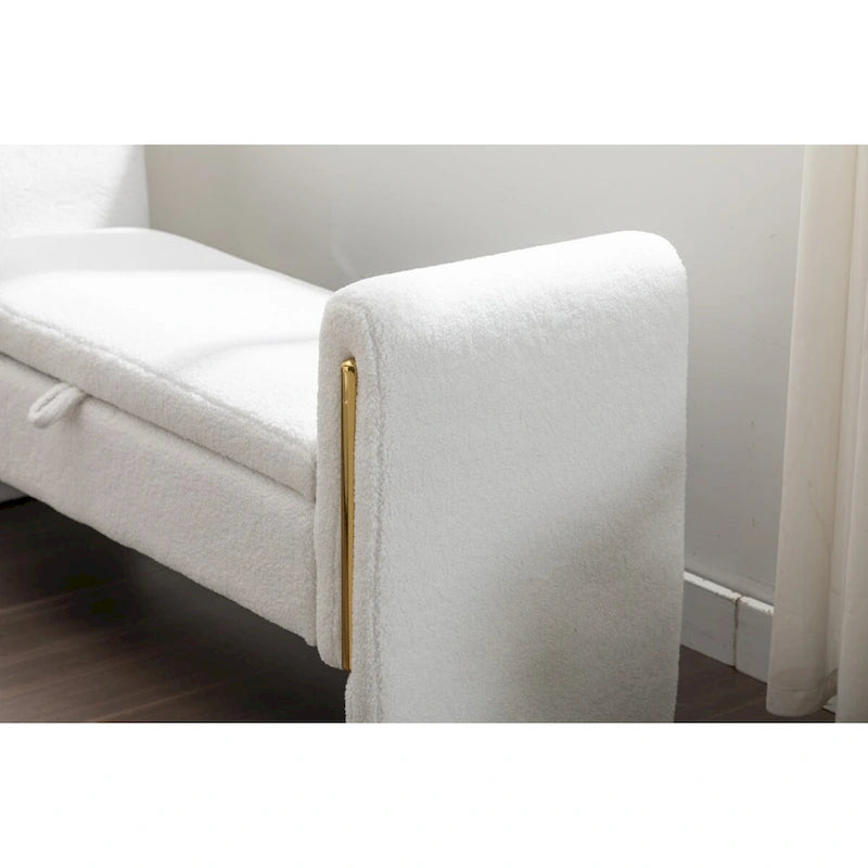 Banc de rangement en tissu Teddy ivoire/café avec garniture en métal doré, 1 personne, 134,6 cm L x 45 cm l x 62,5 cm H