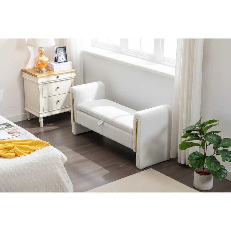 Banc de rangement en tissu Teddy ivoire/café avec garniture en métal doré, 1 personne, 134,6 cm L x 45 cm l x 62,5 cm H