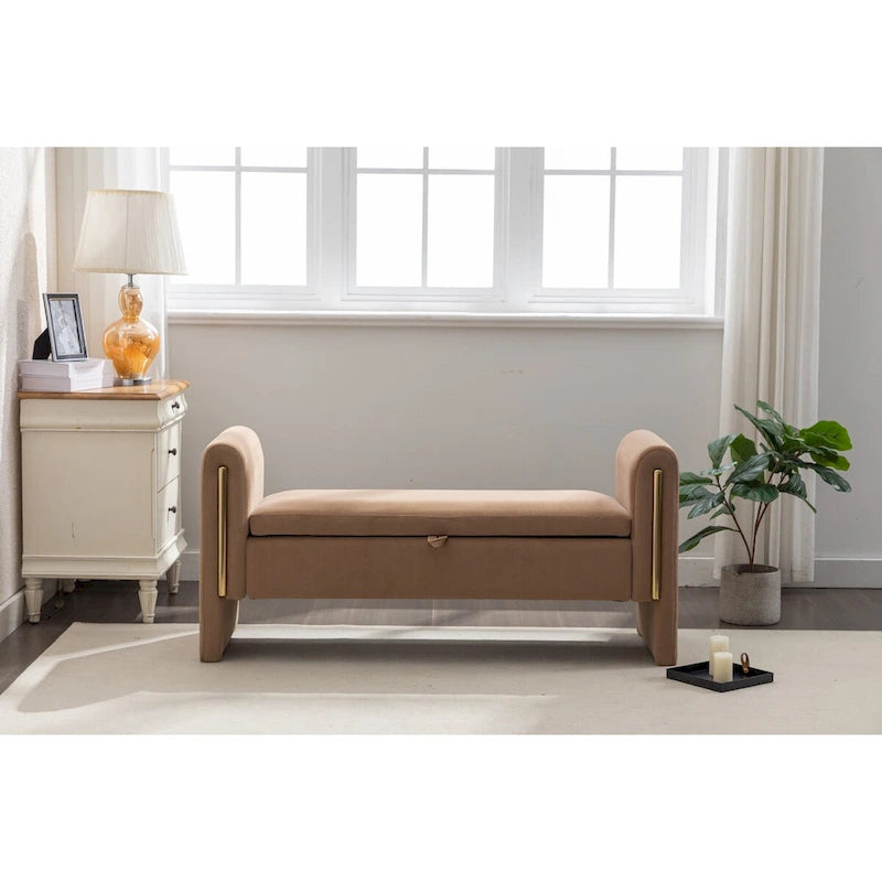 Banc de rangement en tissu Teddy ivoire/café avec garniture en métal doré, 1 personne, 134,6 cm L x 45 cm l x 62,5 cm H
