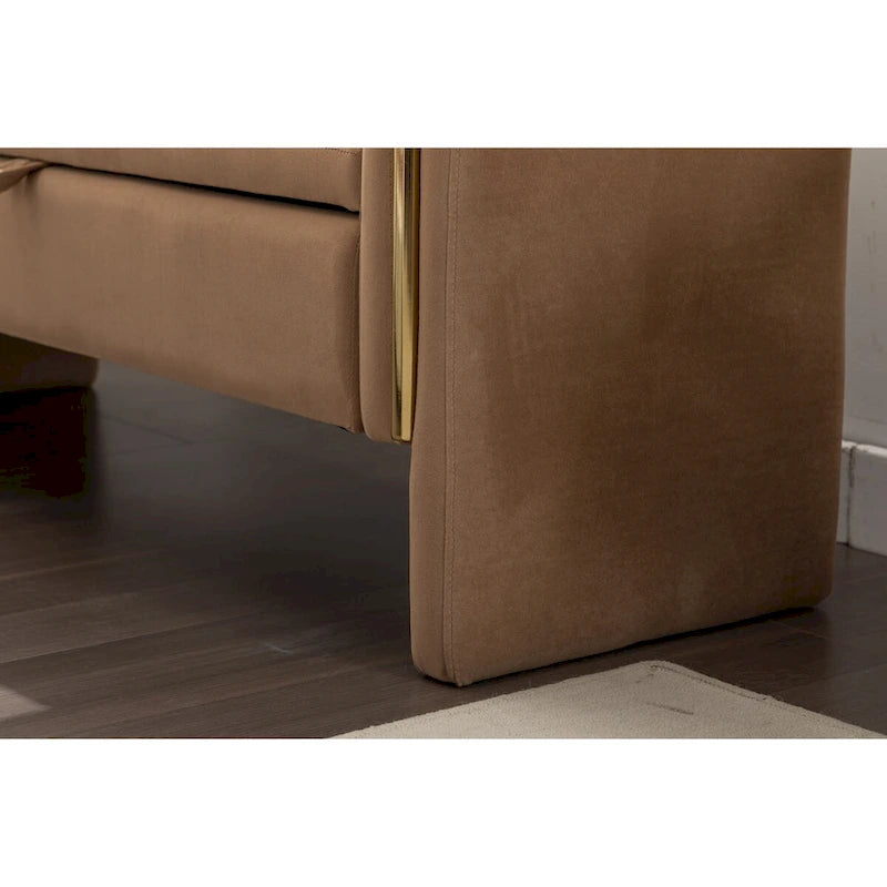 Banc de rangement en tissu Teddy ivoire/café avec garniture en métal doré, 1 personne, 134,6 cm L x 45 cm l x 62,5 cm H