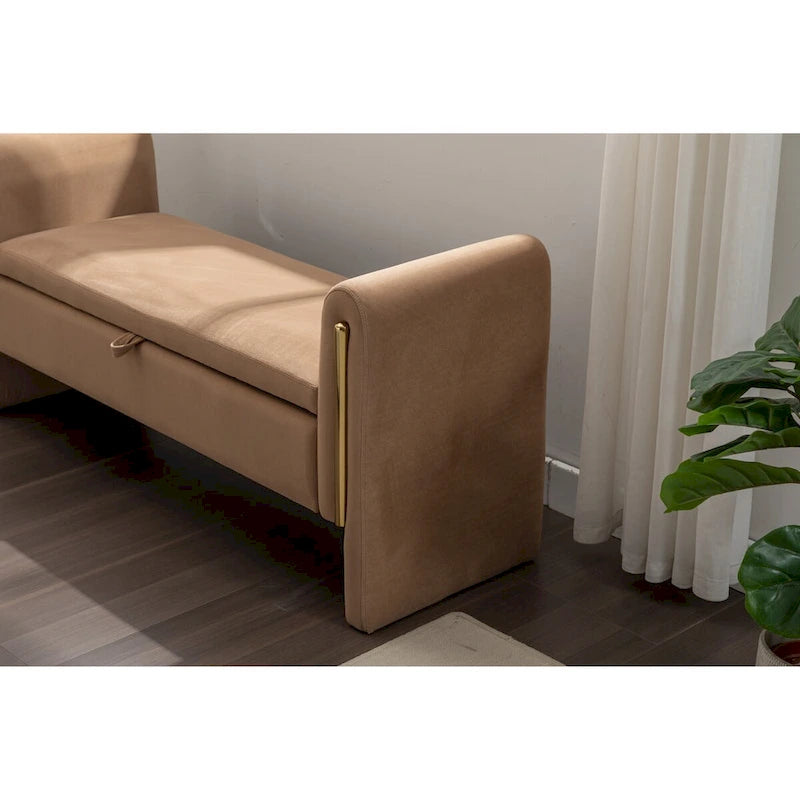 Banc de rangement en tissu Teddy ivoire/café avec garniture en métal doré, 1 personne, 134,6 cm L x 45 cm l x 62,5 cm H