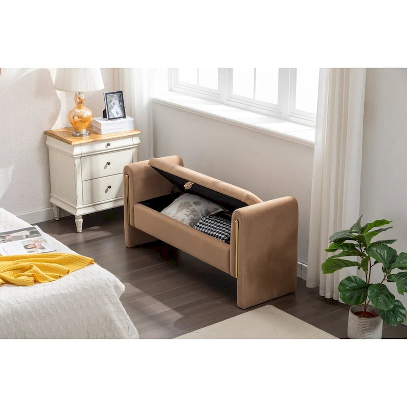 Banc de rangement en tissu Teddy ivoire/café avec garniture en métal doré, 1 personne, 134,6 cm L x 45 cm l x 62,5 cm H