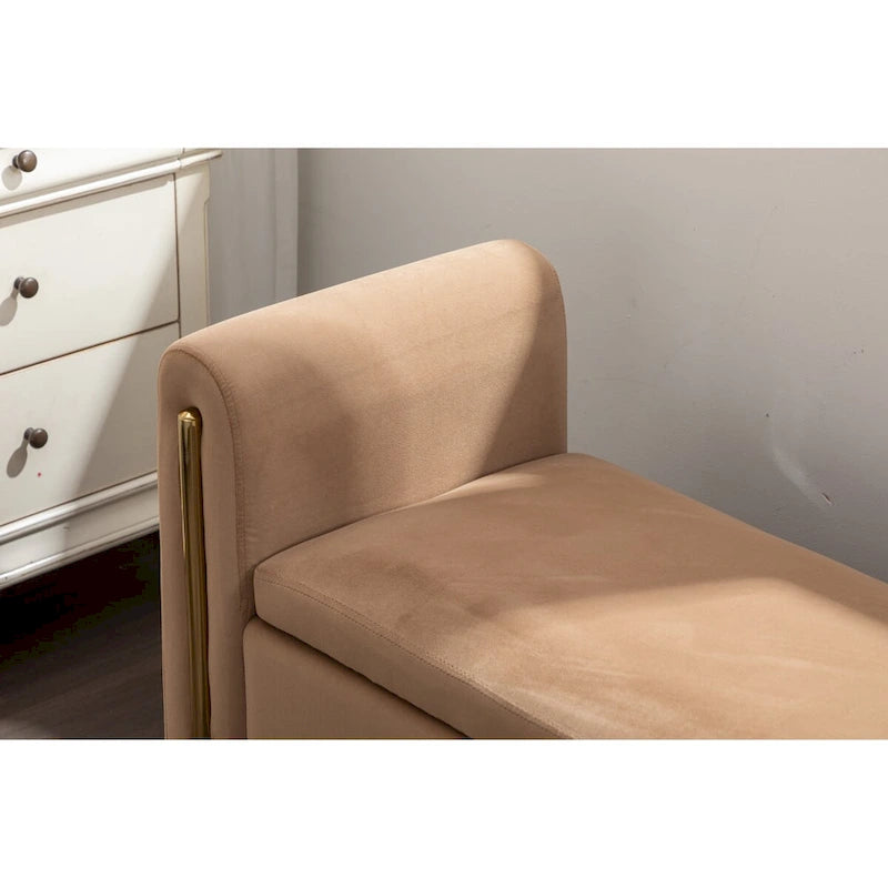 Banc de rangement en tissu Teddy ivoire/café avec garniture en métal doré, 1 personne, 134,6 cm L x 45 cm l x 62,5 cm H