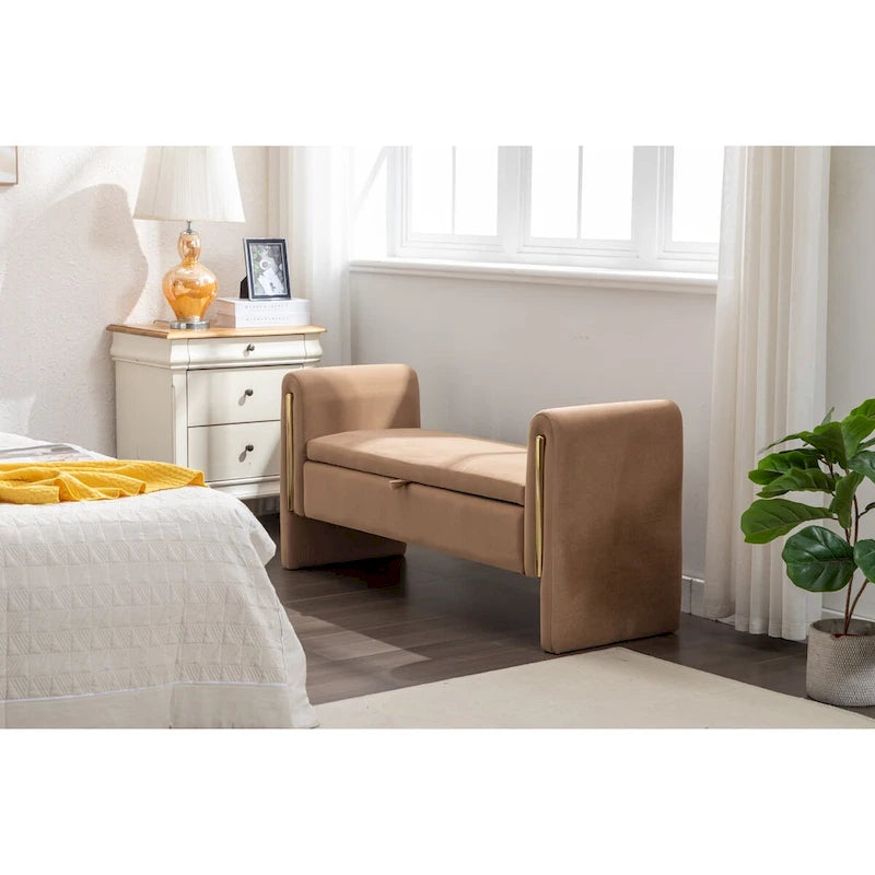 Banc de rangement en tissu Teddy ivoire/café avec garniture en métal doré, 1 personne, 134,6 cm L x 45 cm l x 62,5 cm H