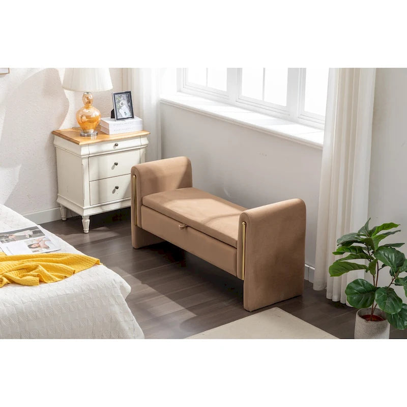 Banc de rangement en tissu Teddy ivoire/café avec garniture en métal doré, 1 personne, 134,6 cm L x 45 cm l x 62,5 cm H