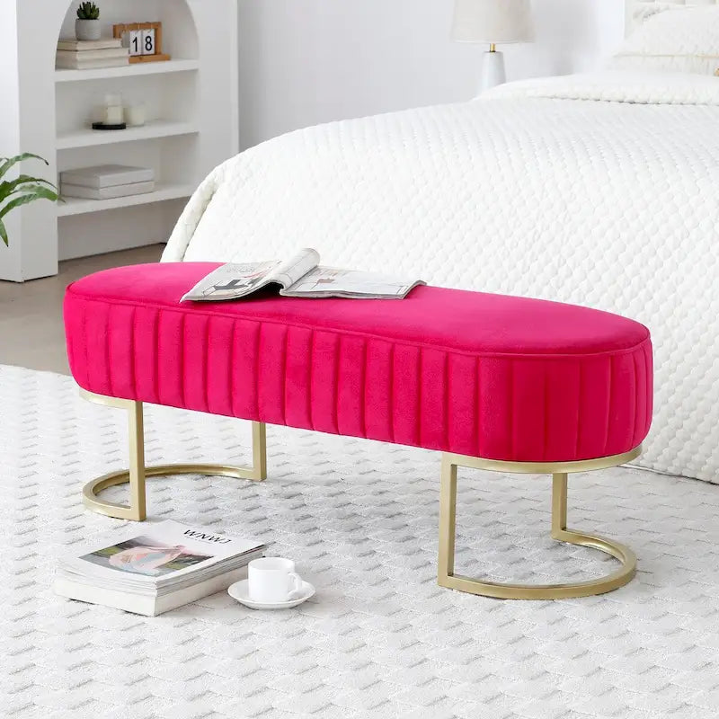 Banc rembourré en sherpa bleu / rose rouge / gris, pieds dorés en U, 122 cm, 1 place