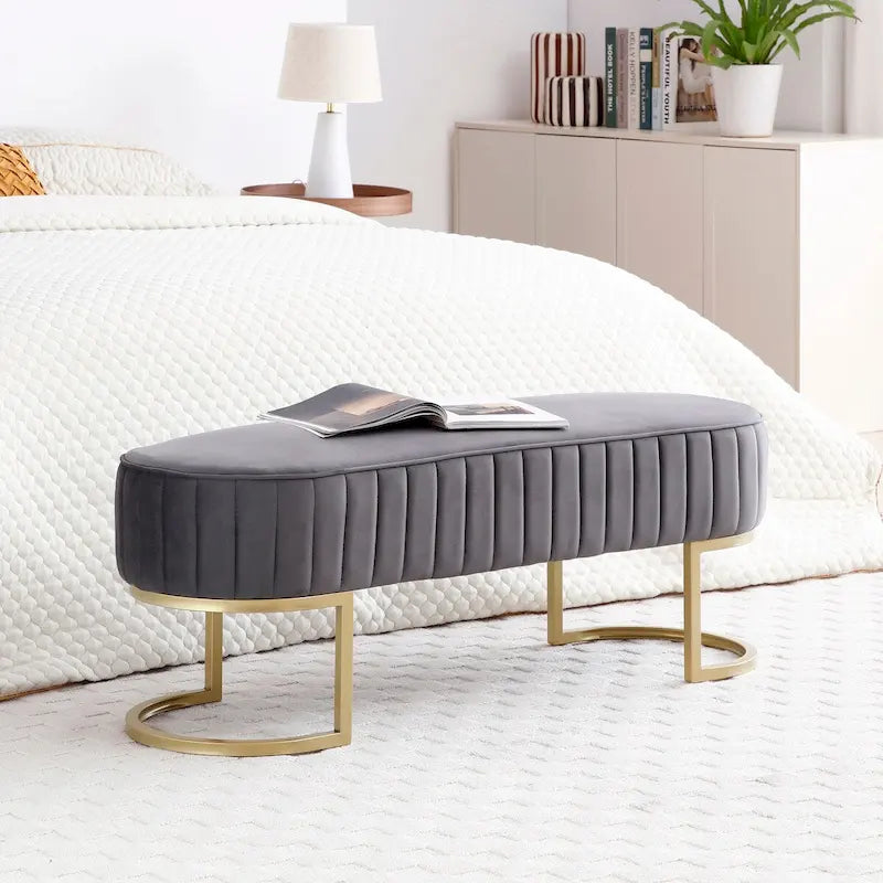 Banc rembourré en sherpa bleu / rose rouge / gris, pieds dorés en U, 122 cm, 1 place