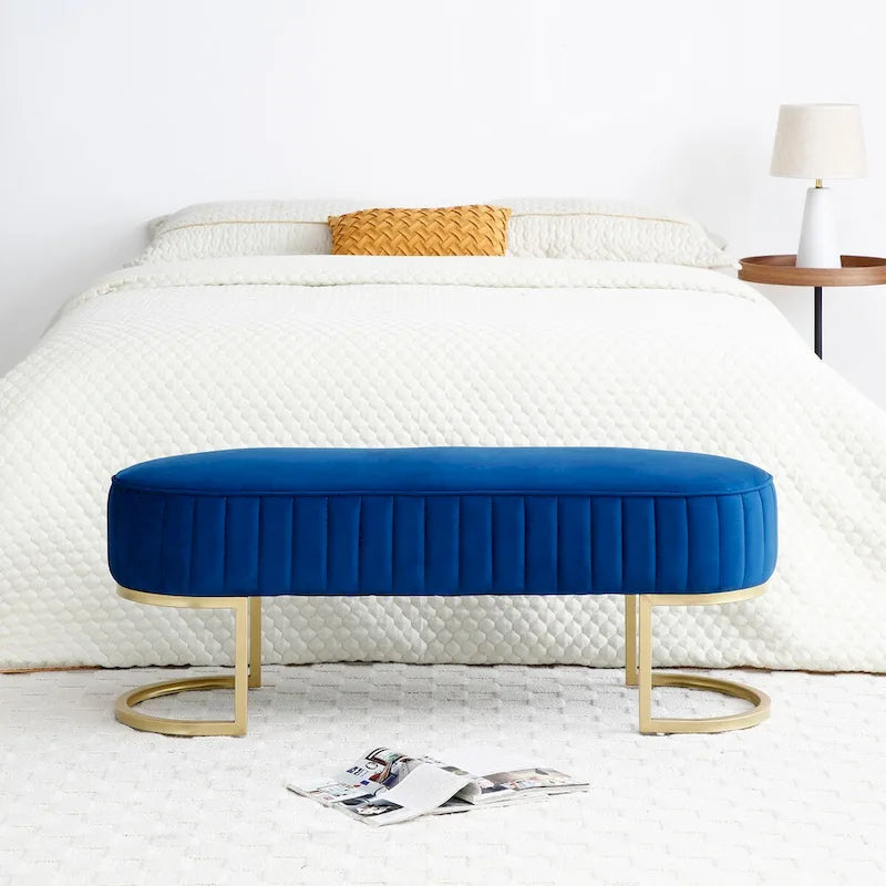 Banc rembourré en sherpa bleu / rose rouge / gris, pieds dorés en U, 122 cm, 1 place