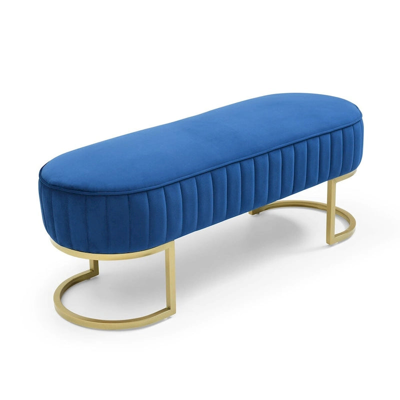 Banc rembourré en sherpa bleu / rose rouge / gris, pieds dorés en U, 122 cm, 1 place