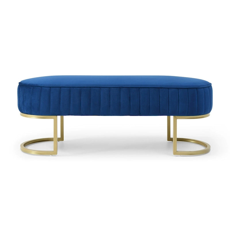 Banc rembourré en sherpa bleu / rose rouge / gris, pieds dorés en U, 122 cm, 1 place