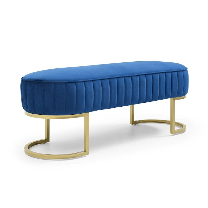 Banc rembourré en sherpa bleu / rose rouge / gris, pieds dorés en U, 122 cm, 1 place
