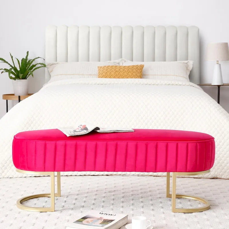 Banc rembourré en sherpa bleu / rose rouge / gris, pieds dorés en U, 122 cm, 1 place