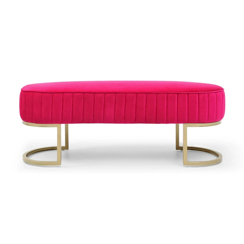 Banc rembourré en sherpa bleu / rose rouge / gris, pieds dorés en U, 122 cm, 1 place