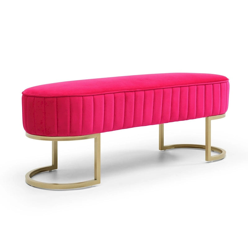 Banc rembourré en sherpa bleu / rose rouge / gris, pieds dorés en U, 122 cm, 1 place