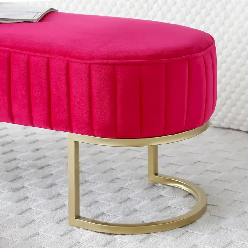 Banc rembourré en sherpa bleu / rose rouge / gris, pieds dorés en U, 122 cm, 1 place