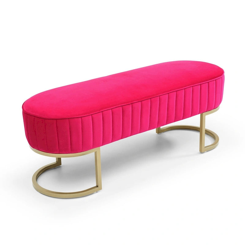 Banc rembourré en sherpa bleu / rose rouge / gris, pieds dorés en U, 122 cm, 1 place