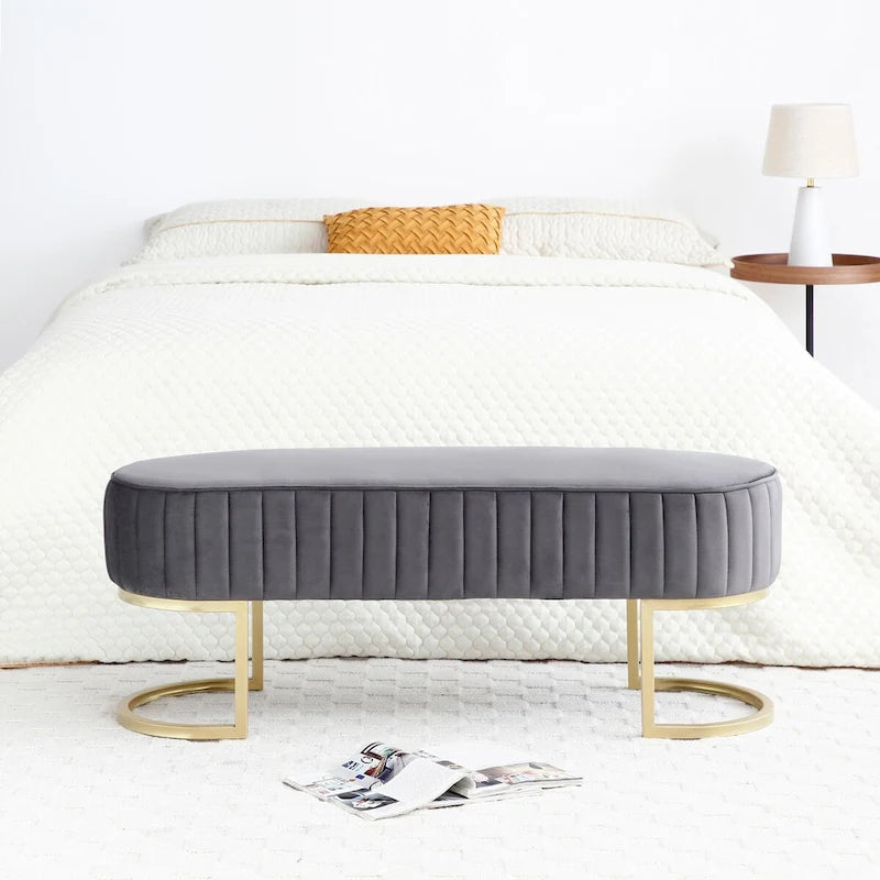 Banc rembourré en sherpa bleu / rose rouge / gris, pieds dorés en U, 122 cm, 1 place