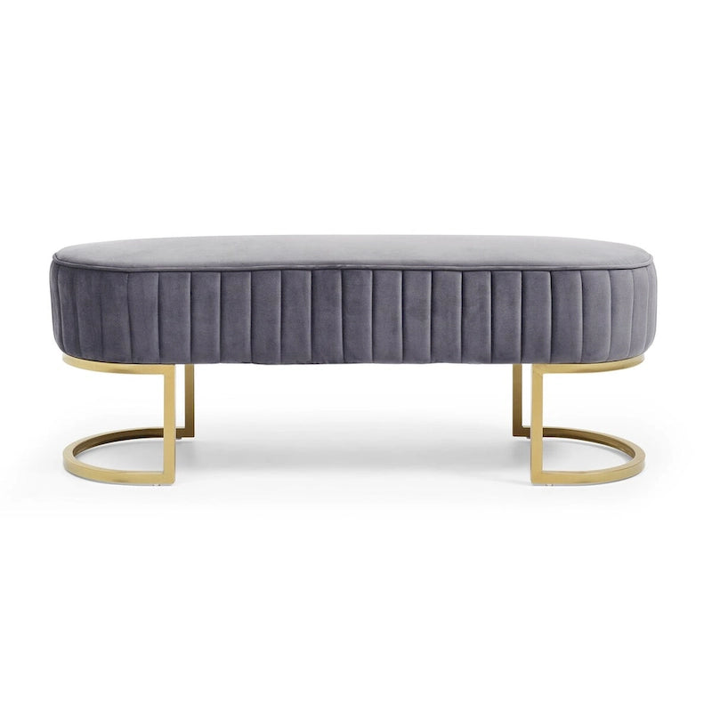 Banc rembourré en sherpa bleu / rose rouge / gris, pieds dorés en U, 122 cm, 1 place