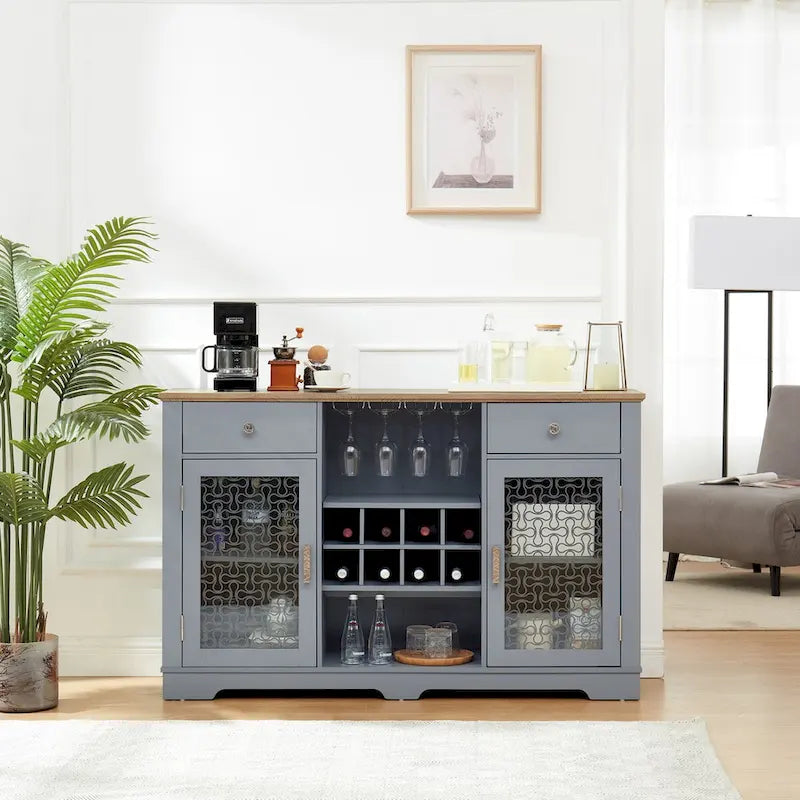 Buffet bleu clair et chêne avec 2 tiroirs et des compartiments vitrés